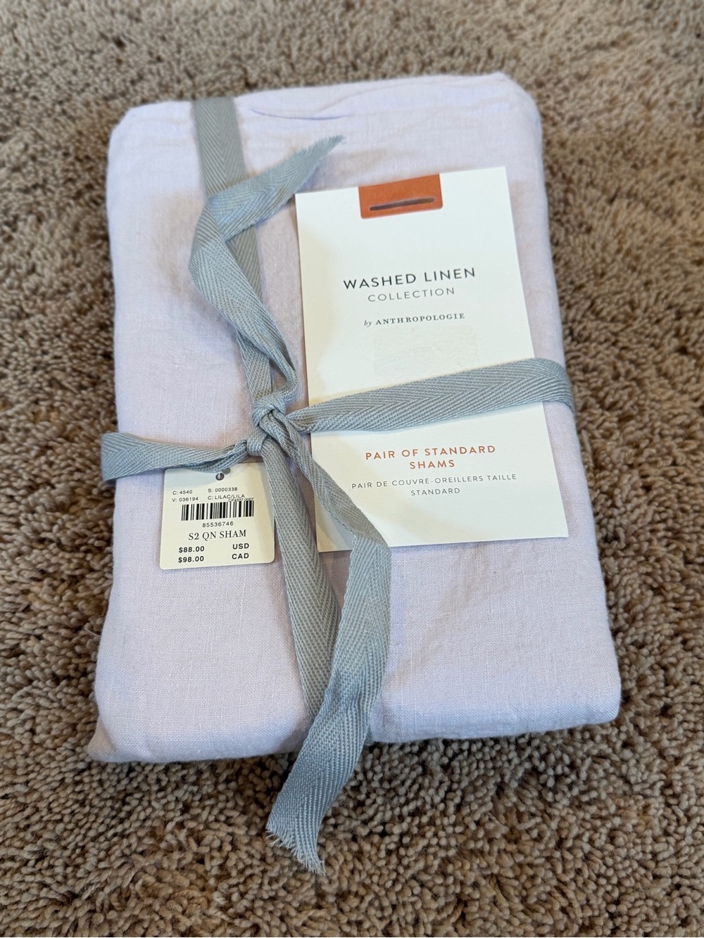 NWT new set of 2 Anthropologie washed linen standard pillow shams Lilac lavender